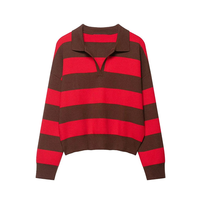 Women’s Striped Jumper with Polo Collar and Long Sleeves