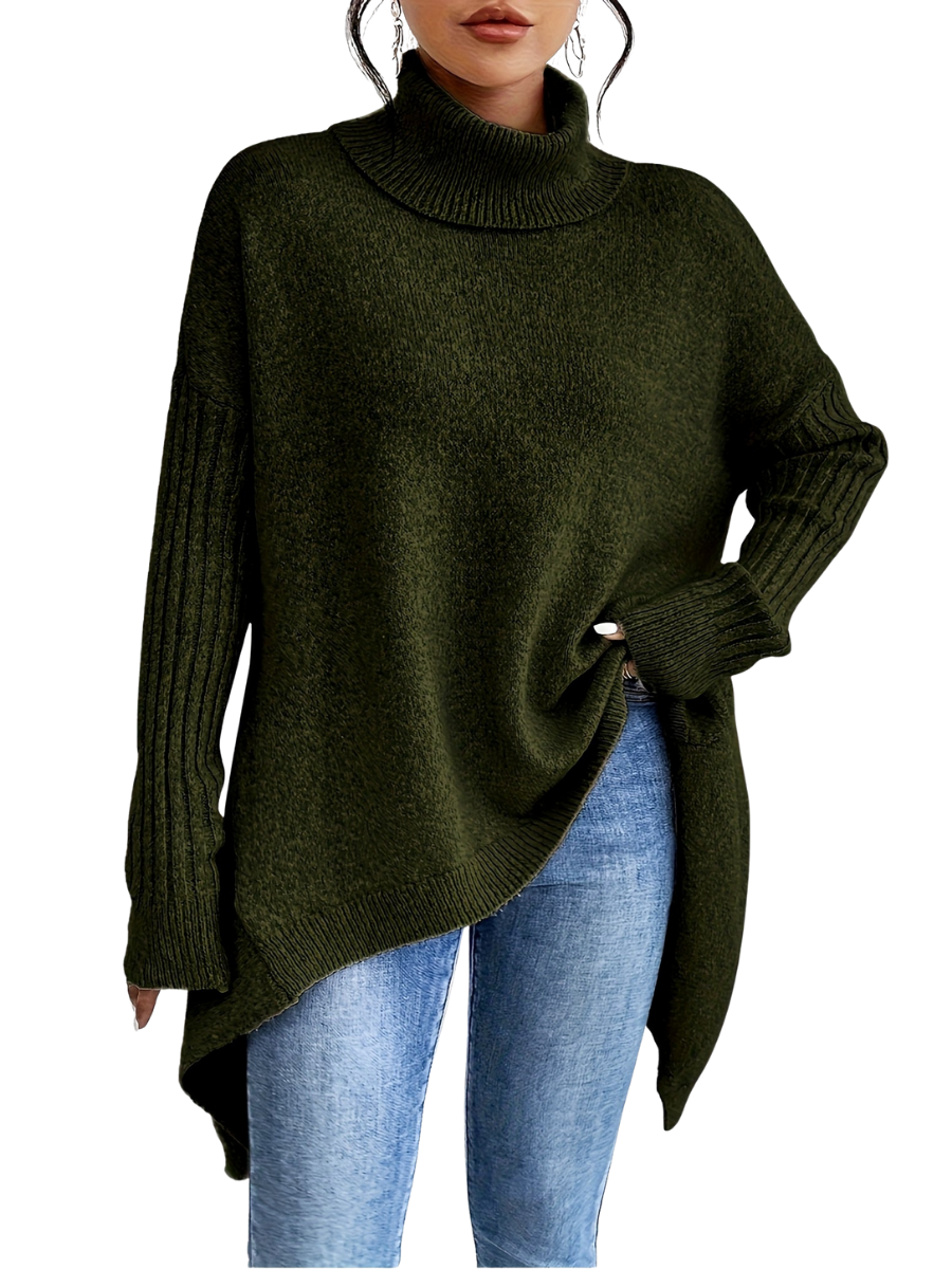Women’s Turtleneck Jumper with Ribbed Sleeves and Asymmetric Hem