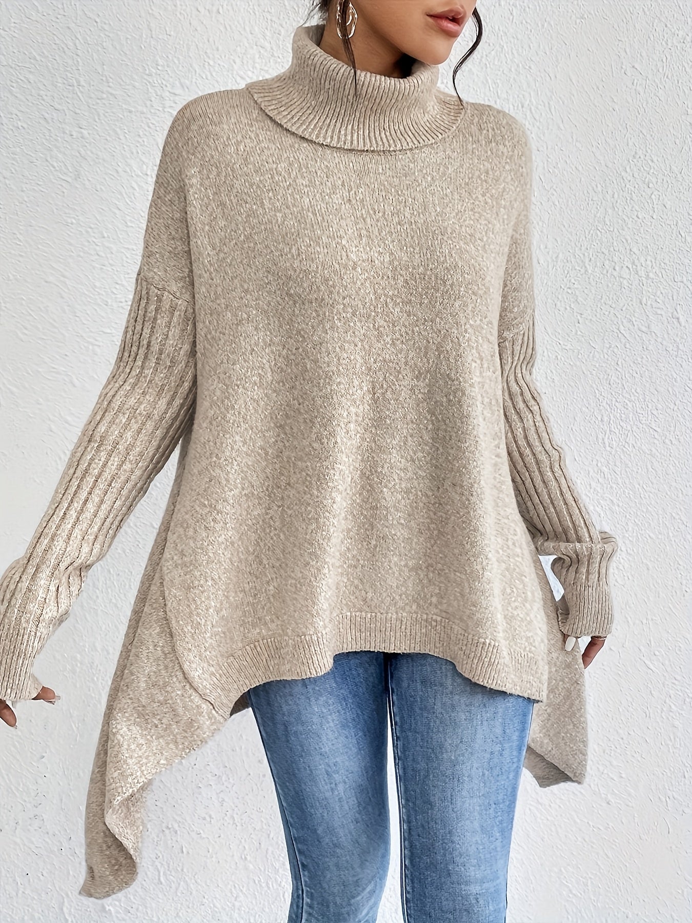 Women’s Turtleneck Jumper with Ribbed Sleeves and Asymmetric Hem