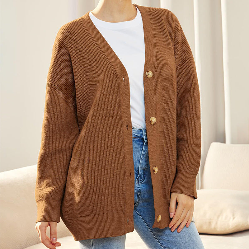Women's V-Neck Cardigan with Ribbed Texture and Drop-Shoulder Sleeves
