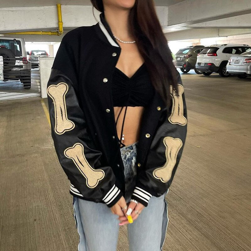 Women's Varsity Bomber Jacket with Snap Buttons and Bone Sleeve Patches