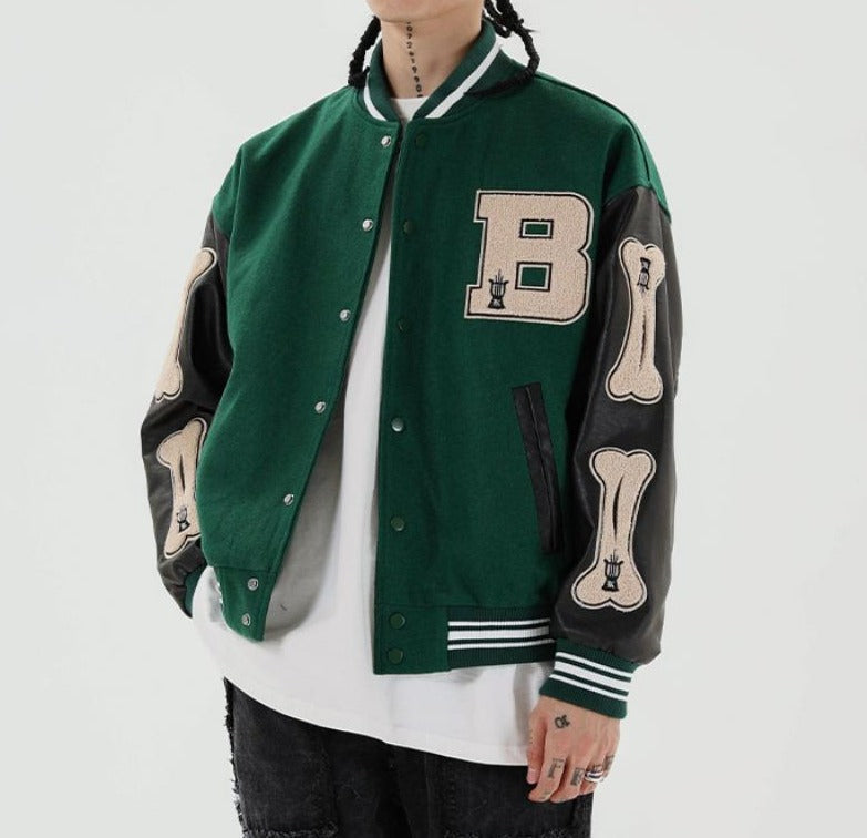 Women's Varsity Bomber Jacket with Snap Buttons and Bone Sleeve Patches