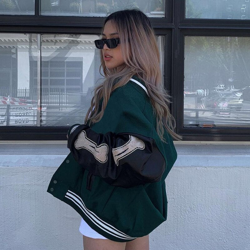 Women's Varsity Bomber Jacket with Snap Buttons and Bone Sleeve Patches