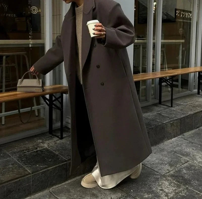 Women's Long Double-Breasted Trenchcoat with Lapel Collar