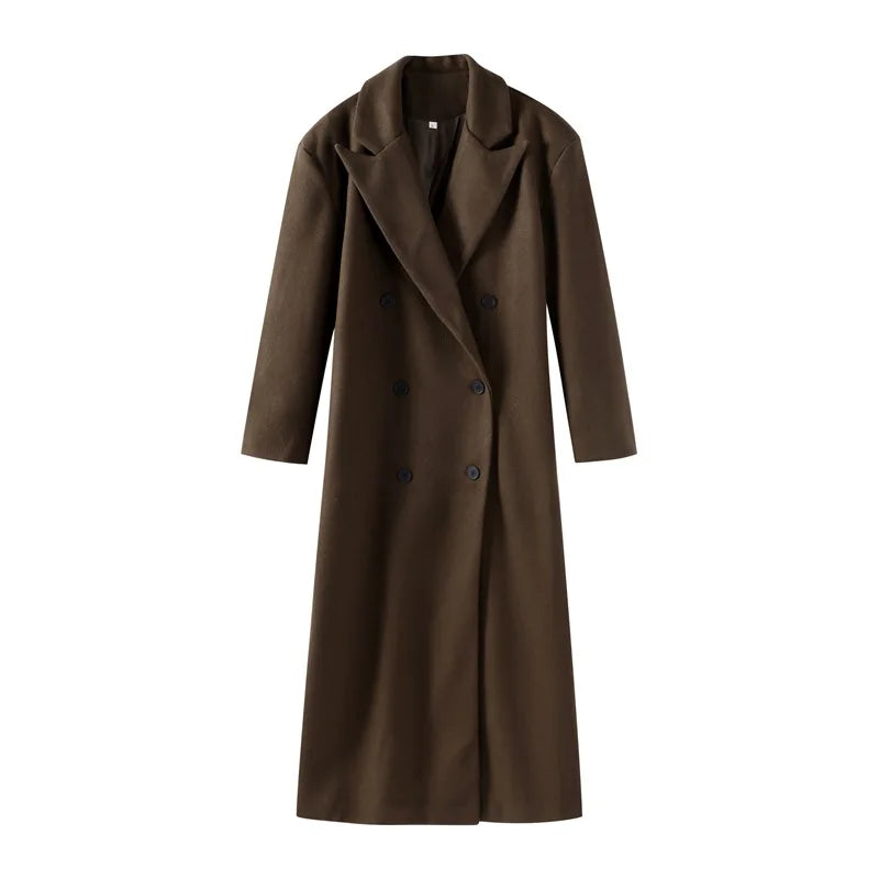 Women's Long Double-Breasted Trenchcoat with Lapel Collar
